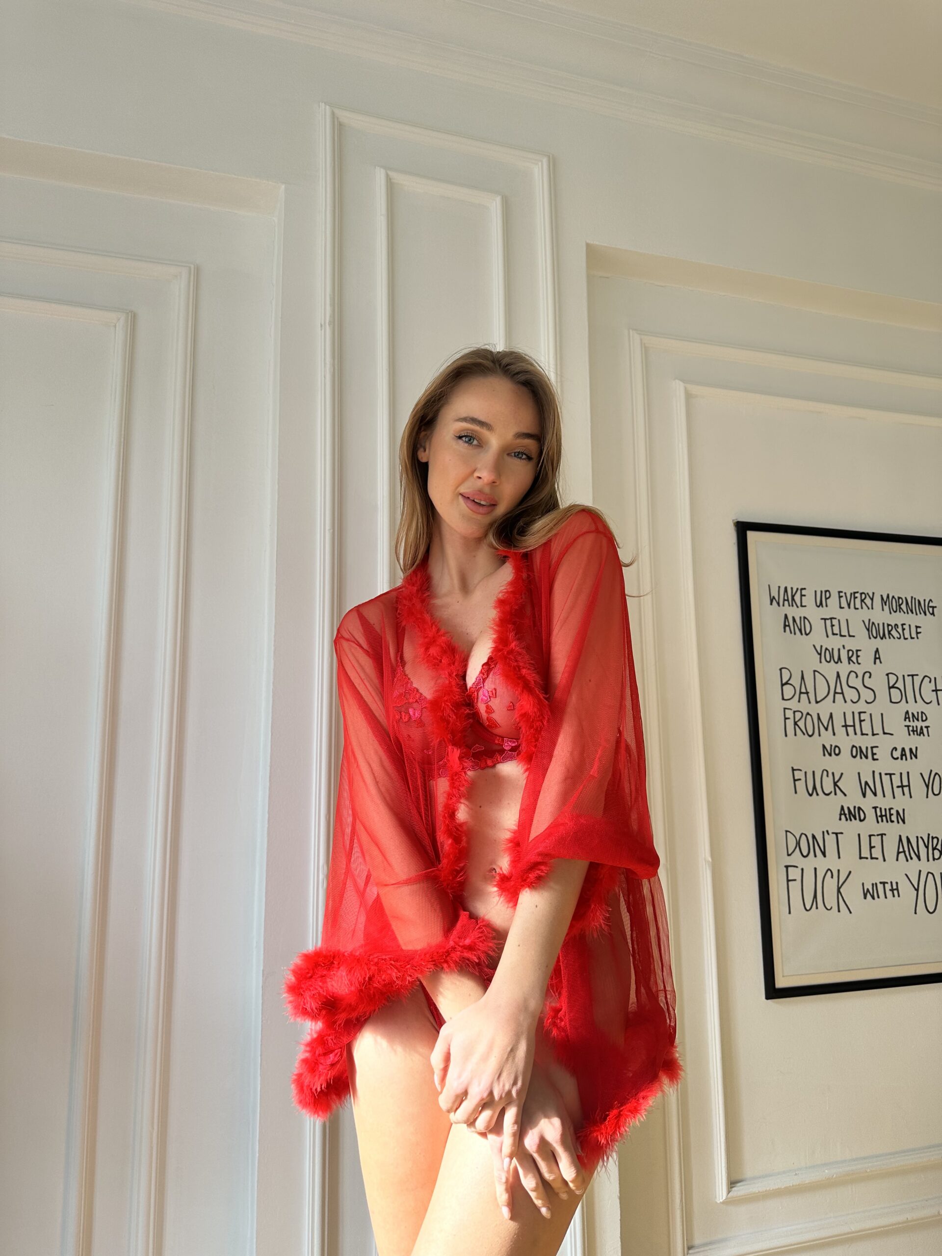 Sheer Red Robe with Feather Trim