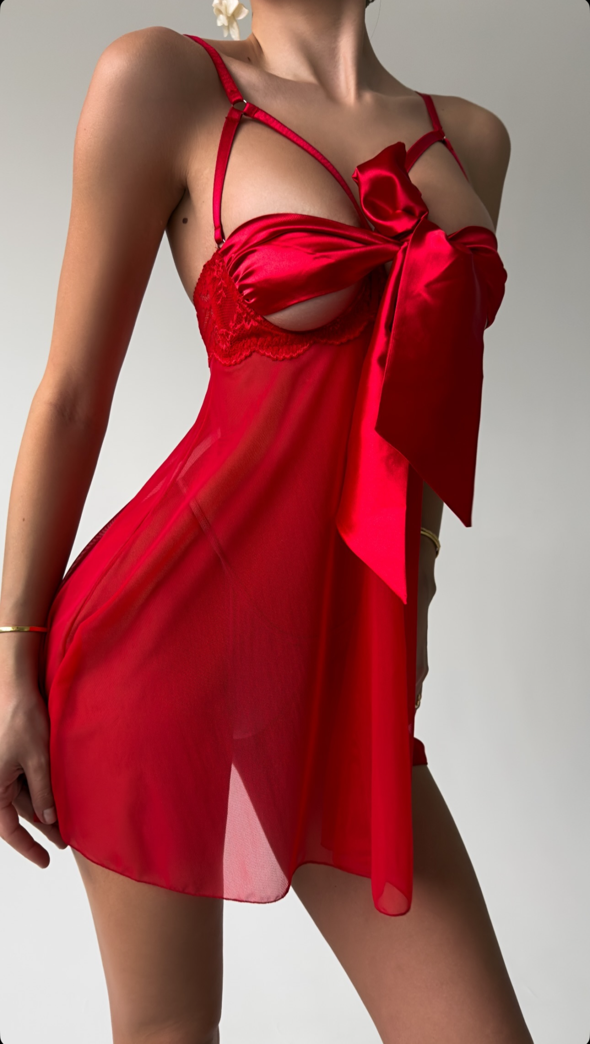 Sexy Red Babydoll with Front Bow and Lace