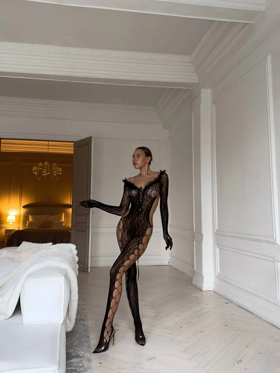 Nicoleta Ciorapi de Corp Sexy Negri cu Model Leopard și Decupaje Laterale