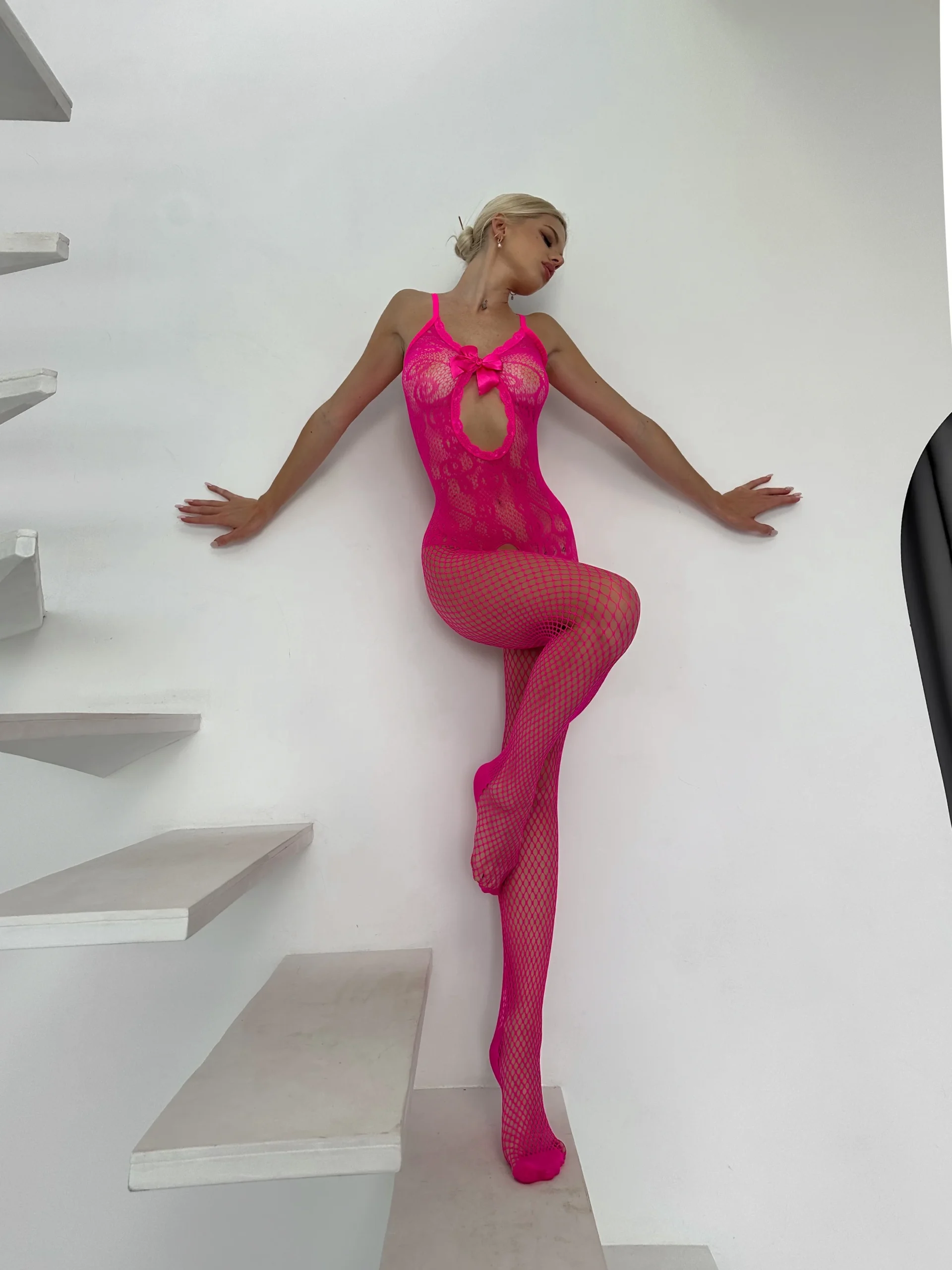 Anca Ciorapi de Corp Sexy Fucsia din Dantelă cu Fundă și Decupaj Frontal